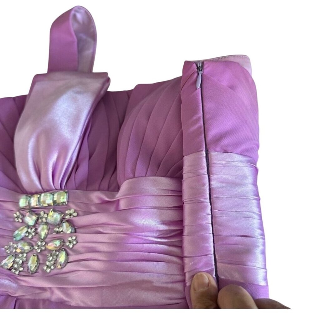 One Shoulder Pink Cocktail Dress With Pleated Bodice & Embellished Waist - Picture 13 of 16